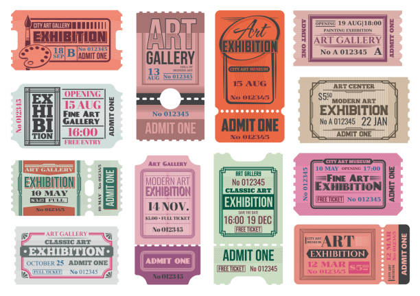 Art gallery and exhibition retro tickets vectors Art gallery and museum exhibition retro tickets, admits vector templates. City museum, art center and painting gallery entrance coupon, event access card, invite card or ticket with tear off part perforated paper pictures stock illustrations