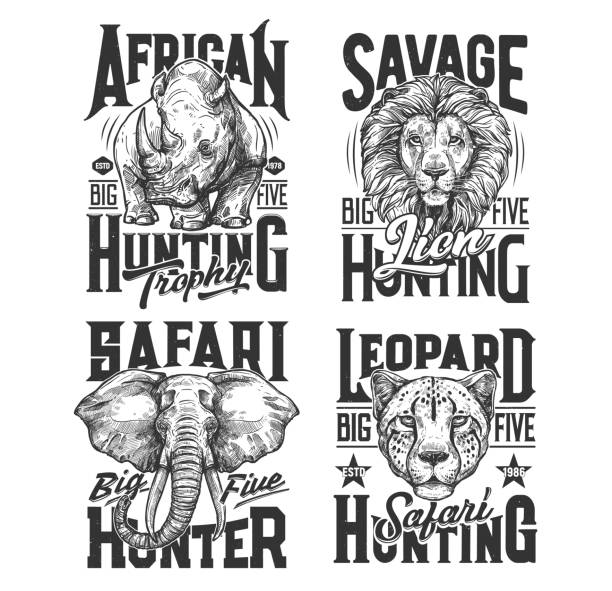 Safari hunting shirt prints, wild African animals Safari hunting shirt prints, wild African animals and hunt club trophy vector icons. Safari hunt sport emblems with animals heads of lion, elephant, leopard and rhinoceros, quotes for t-shirt prints elephant drawings stock illustrations