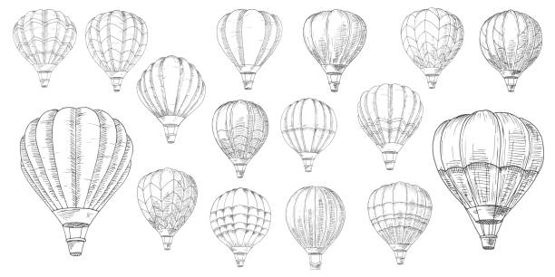 ilustrações de stock, clip art, desenhos animados e ícones de retro hot air balloons hand drawn sketch vector - inflating balloon blowing air