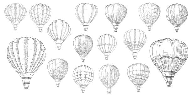 Retro hot air balloons hand drawn sketch vector Retro hot air balloons sketches. Vintage lighter than air aircraft, balloon with inflated hot propane gas or helium envelope bag and wicker basket or gondola hand drawn sketch vector set balloon drawings stock illustrations