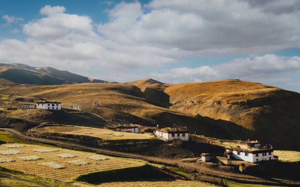 casas de pueblo en el valle de spiti y los himalayas en komic, himachal pradesh, india. - kaza fotografías e imágenes de stock