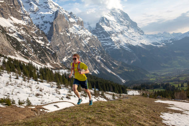 istock Mountain trail runner ascends grassy mountain ridge 1296342170
