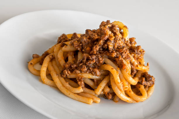 istock Plate of pici with wild boar ragout 1296343629