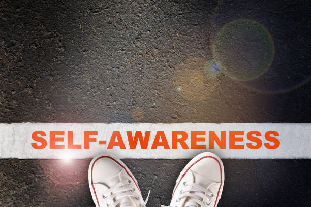 Self awareness written on white starting lines with sport shoe on road surface Potential development concept and emotional intelligence idea achievement aiming aspirations attitude stock pictures, royalty-free photos & images