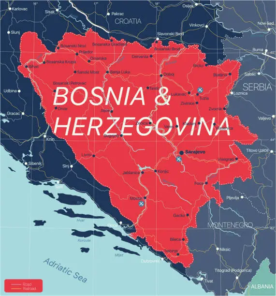 Vector illustration of Bosnia and Herzegovina country detailed editable map