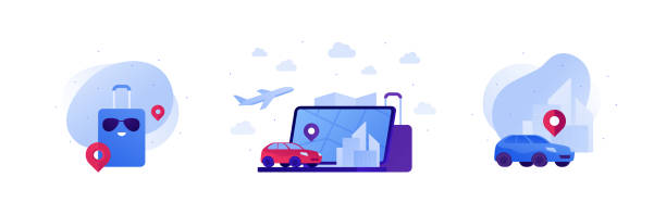 World travel and international tourism concept. Vector flat illustration set. Luggage bag, car and airplane symbol, city map with pin on laptop screen. Building sign. World travel and international tourism concept. Vector flat illustration set. Luggage bag, car and airplane symbol, city map with pin on laptop screen. Building sign. mobility as a service stock illustrations