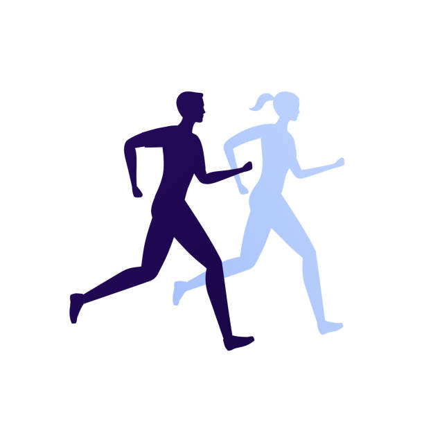 illustrations, cliparts, dessins animés et icônes de exécuter le concept d’entraînement d’exercice. illustration plate d’icône de vecteur. jeune silhouette mâle et femelle de coureur d’isolement sur le fond blanc. élément de conception pour marathon, sprint, sport. - shadow lifestyles leisure activity court