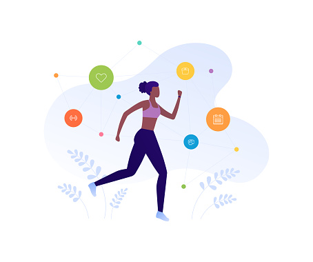 Run exercise workout concept. Vector flat illustration. Young african american female runner in sport training outfit. Fitness, planning, calendar icons. Woman jogging. Energy lifestyle.