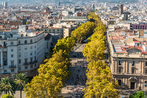 high angle view of La Rambla in Barcelona, Spain.