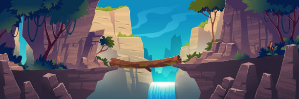 Log bridge between mountains above cliff in rocks Log bridge between mountains above cliff in rock peaks landscape with waterfall and trees background. Beautiful scenery nature view, beam bridgework connect rocky edges, Cartoon vector illustration cliffs stock illustrations