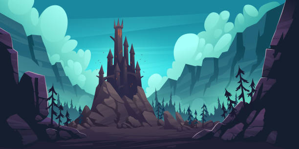 Creepy castle on rock at night, haunted palace Creepy castle on rock at night, haunted gothic palace in mountains, building with pointed tower roofs, glowing windows and bats flying in dark sky. Fantasy Dracula home, Cartoon vector illustration fort stock illustrations