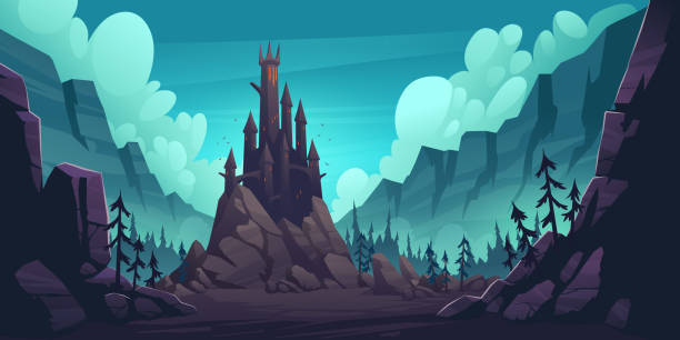 Creepy castle on rock at night, haunted palace Creepy castle on rock at night, haunted gothic palace in mountains, building with pointed tower roofs, glowing windows and bats flying in dark sky. Fantasy Dracula home, Cartoon vector illustration count dracula stock illustrations