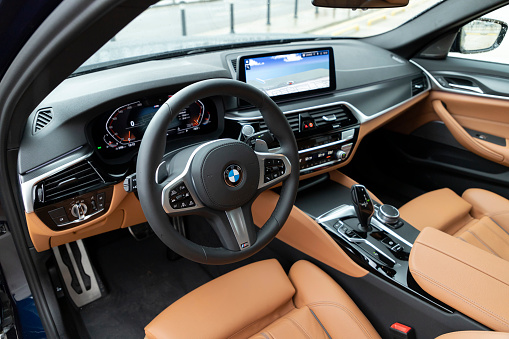Istanbul, Turkey - January 14, 2021 : The new BMW 520i has elegant interior design.