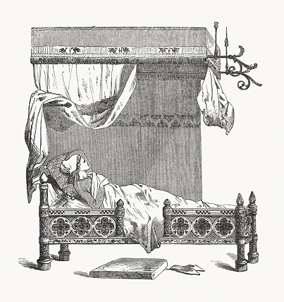 Sleeping woman in a medieval bed. Wood engraving, published in 1893.