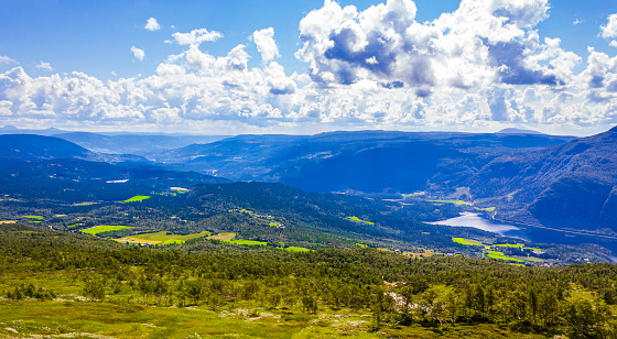 Mountain landscape panorama and lake Vangsmjøse in Vang i Valdres, Norway.