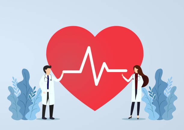 illustrazioni stock, clip art, cartoni animati e icone di tendenza di dottore in piedi con segno di battito cardiaco. concetto di salute. illustrazione vettoriale. - cardiologo