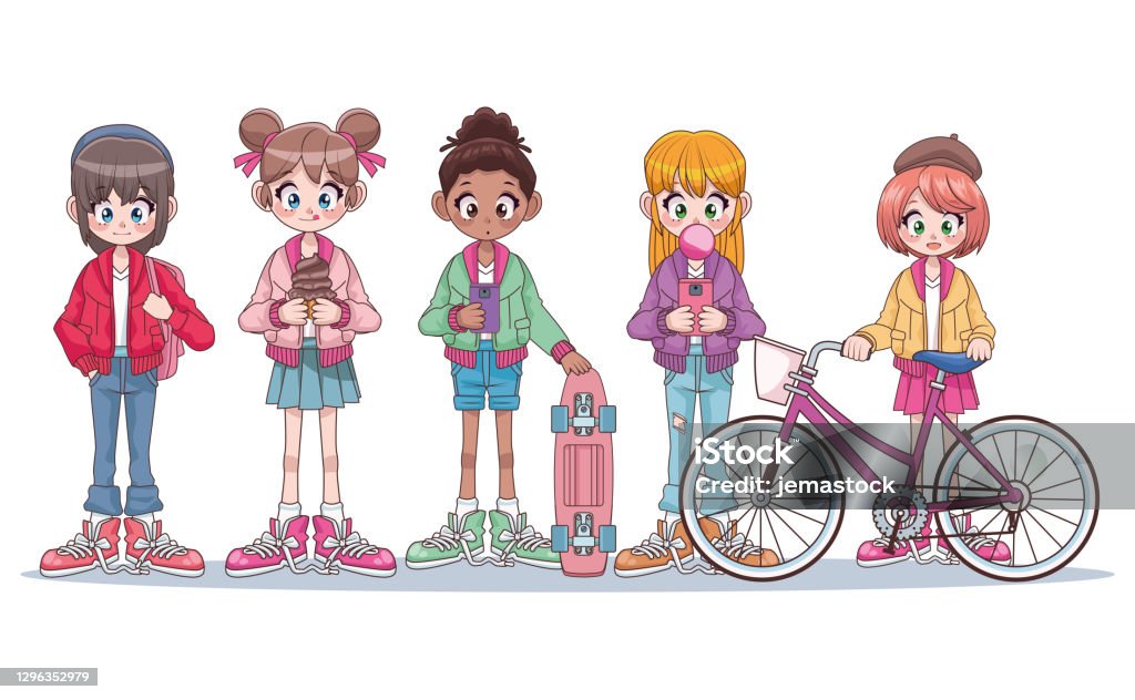 Ilustración de Grupo De Cinco Hermosas Adolescentes Interracial Chicas  Personajes De Anime y más Vectores Libres de Derechos de Niñas - iStock