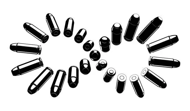 Vector illustration of Vector infinity sign made with revolver bullets. Black and white high contrast tattoo design.