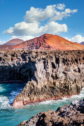 Los Hervideros volcanic landscape by the ocean, Lanzarote, Canary Islands, Spain. High quality photo