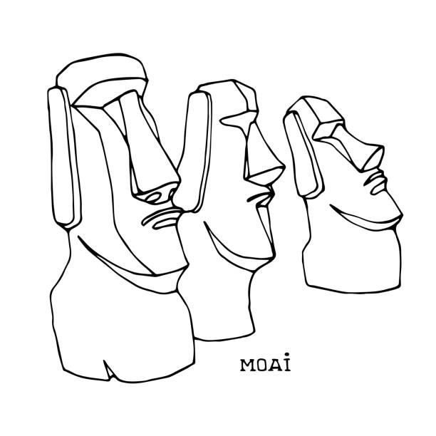 ilustrações de stock, clip art, desenhos animados e ícones de group of stone statues from easter island, moai monuments, exotic touristic landmark, black ink lines - moai statue statue ancient past