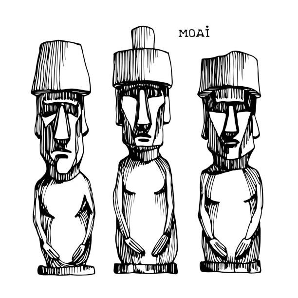 grupa kamiennych posągów z wyspy wielkanocnej, pomniki moai, egzotyczny punkt orientacyjny turystyczny, czarne linie atramentu - easter island moai statue chile sculpture stock illustrations