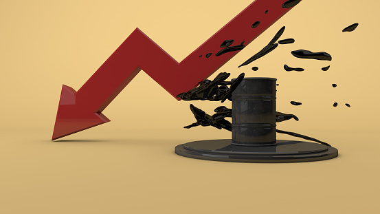 Oil price drop concept a barrel of crude petroleum arrow down. Crude Oil, Price, Drop, Deterioration, Gasoline