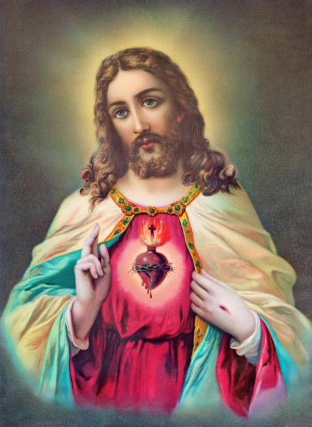 Sebechleby - The Typical catholic image of heart of Jesus Christ Sebechleby - Typical catholic image of heart of Jesus Christ from Slovakia printed in Germany from the end of 19. cent. originally by unknown artist. jesus christ stock pictures, royalty-free photos & images