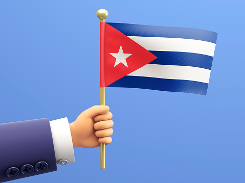 Cartoon Hand holding a flag of Cuba. 3d illustration.