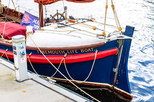 Tynemouth Lifeboat, moored on the Newcastle Quayside beside the Tyne Bridge, Newcastle-upon-Tyne, Tyne and Wear, UK.