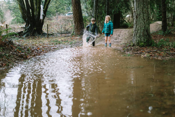 istock Siblings Play in Puddles From Heavy Rainfall 1296368368