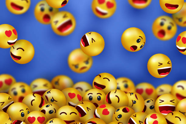 istock Background with smiling face happy icons. Yellow 3d emoji. Face icons with different expressions. Cartoon characters smiling and sad faces 1296369010