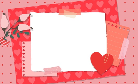Scrapbook composition with notes paper, tapes, flowers elements and heart sticker. Page for valentine greeting card. Vector illustration
