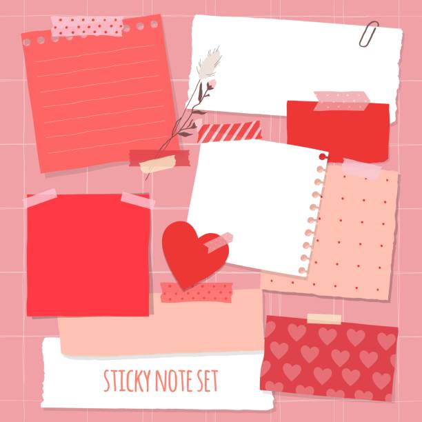 illustrazioni stock, clip art, cartoni animati e icone di tendenza di raccolta di varie note carta per san valentino. nota appiccicosa rossa e rosa. - paper document adhesive note backgrounds