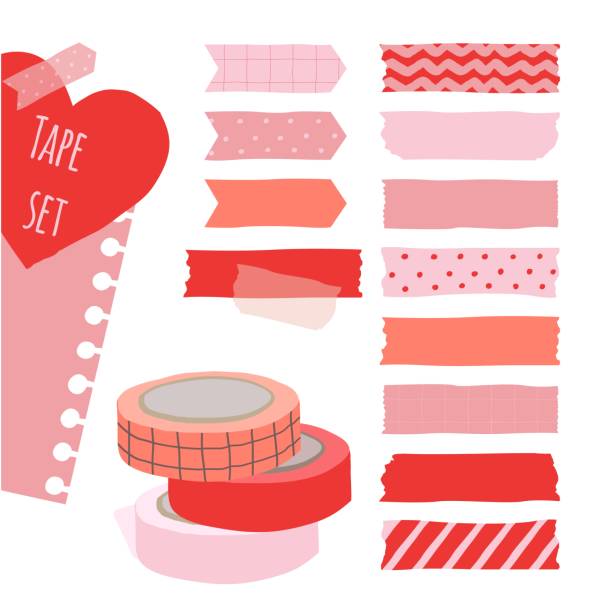 귀여운 다채로운 손으로 그린 마스킹 테이프, 장식 발렌타인 카드의 디자인 요소로 빨간색과 분홍색 색상의 패턴과 빈 태그 라벨 스티커세트. - absence arrangement celebration celebration event stock illustrations