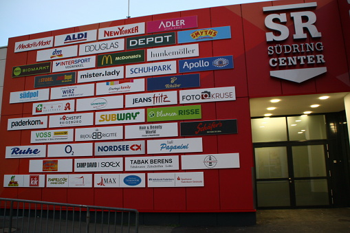 paderborn, nrw, germany, october 27. 2020, billboard with all company logos, company designs of the shops in the SÜDRING shopping center in Paderborn