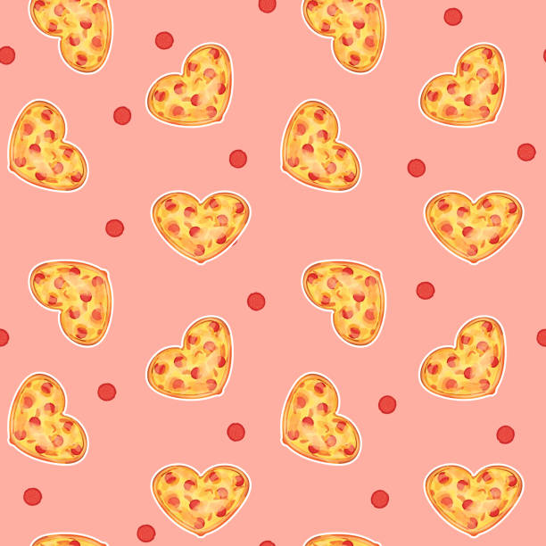 ilustraciones, imágenes clip art, dibujos animados e iconos de stock de patrón de repetición sin costuras de pizza en forma de corazón con salchicha y queso sobre fondo rosa. piezas rojas de salchichas ahumadas salami están alrededor - sausage shaped