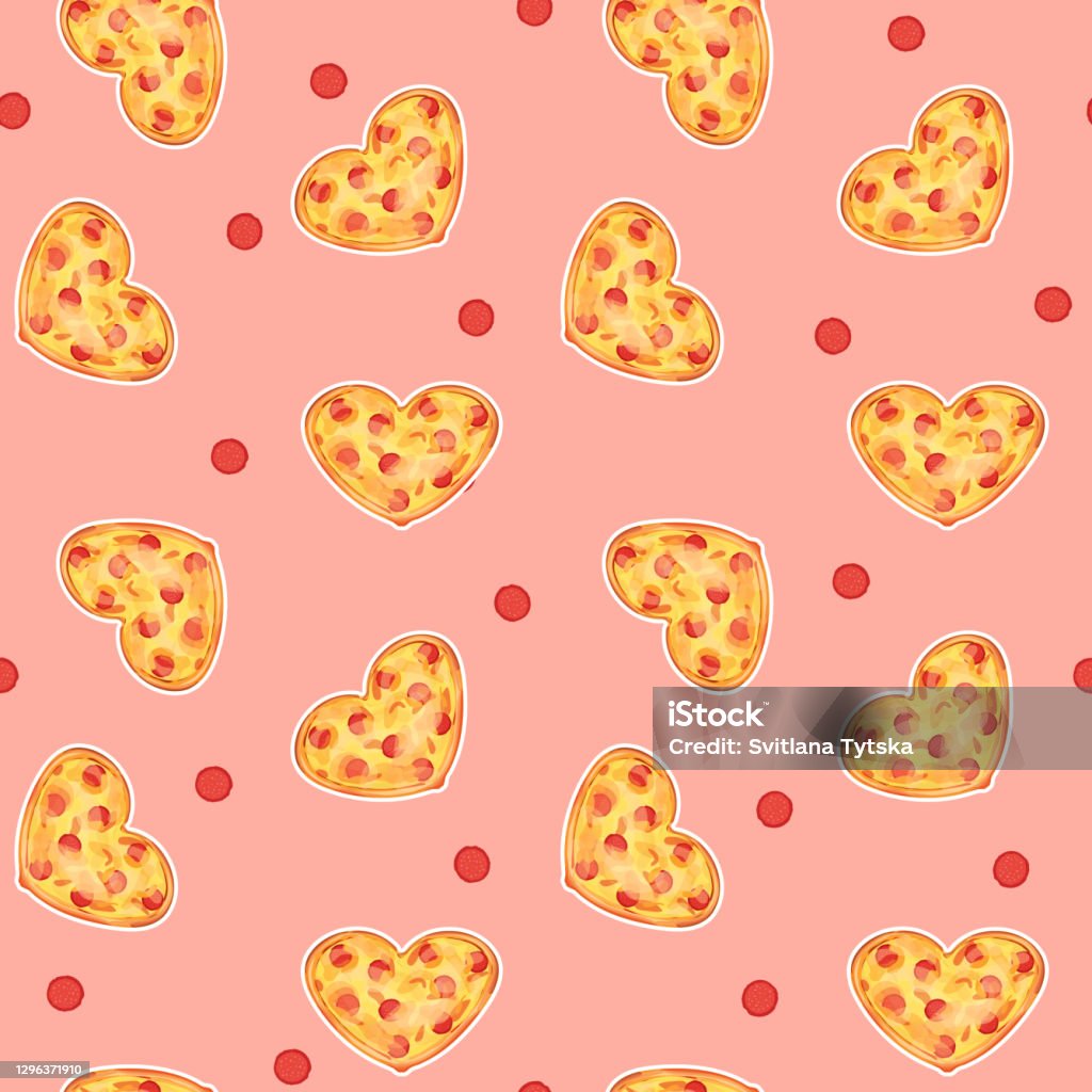 Seamless Repeat Pattern Of Heart Shaped Pizza With Sausage And Cheese On  Pink Background Red Pieces Of Smoked Sausages Salami Are Around Stock  Illustration - Download Image Now - iStock