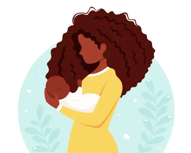 Vector illustration of Black woman with baby. Motherhood, parenting concept. Mother's Day. Vector illustration.