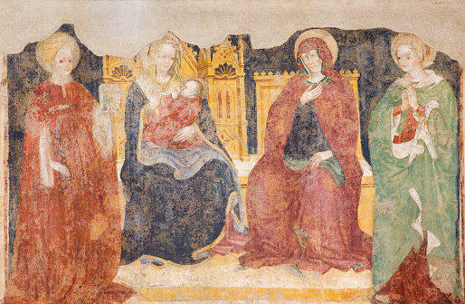Brescia - The fresco of breast-feeding of Mandona and the saints women in church Chiesa di San Francesco d'Assisi by unknown artist of 16. cent.