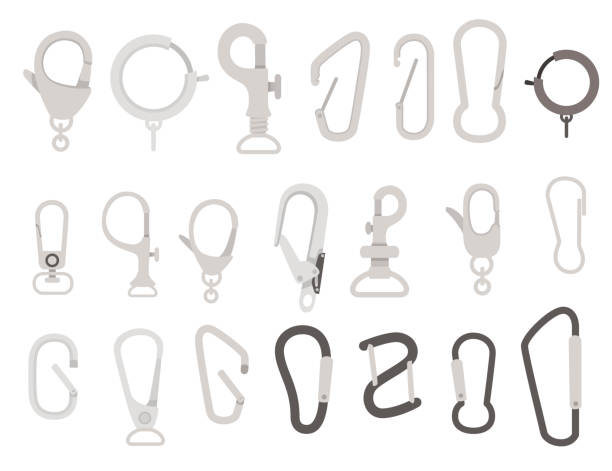 Big set of metal climbing carabiners and claw clasps alpine climbing equipment flat vector illustration isolated on white background Big set of metal climbing carabiners and claw clasps alpine climbing equipment flat vector illustration isolated on white background. carabiner stock illustrations