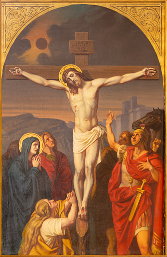 Prague - The painting of Crucifixion in church Bazilika svatého Petra a Pavla na Vyšehrade by František Čermák (1822 - 1884).