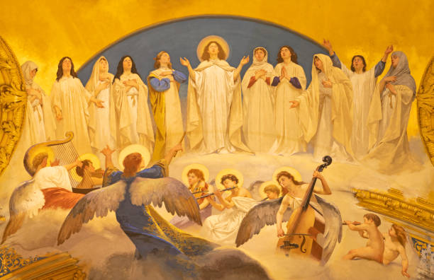acireale - der freskenchor der engel und jungfrauen im dom - cattedrale di maria santissima annunziata von giuseppe sciuti. - geistliche musik stock-fotos und bilder