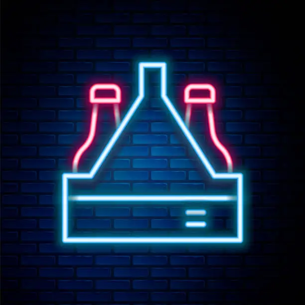 Vector illustration of Glowing neon line Pack of beer bottles icon isolated on brick wall background. Case crate beer box sign. Colorful outline concept. Vector