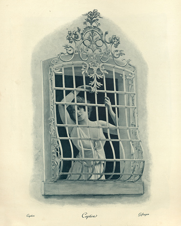 Antique photomontage photograph, Young woman held captive behind barred window, Victorian, 19th Century.