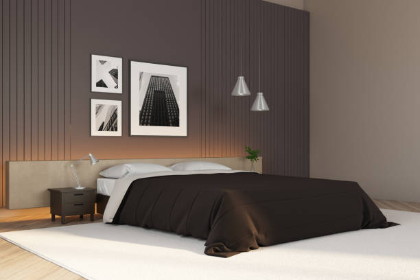 istock Bedroom interior with bed and picture on wall 1296375759