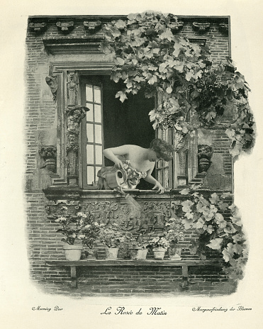 Antique photomontage photograph, Young woman water flowers in window box, Victorian, 19th Century.