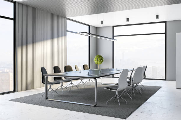 istock Modern meeting room interior with panoramic city view. 1296375830