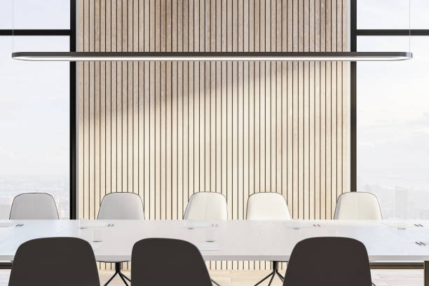 istock Comfortable meeting room interior with city view 1296376113