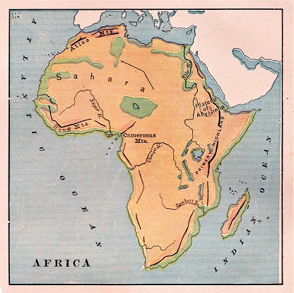 Relief Map of African Continent. Color. Illustration published in Physical Geology by Mytton Maury (University Publishing Company, New York and New Orleans) in 1894. Copyright expired; artwork is in Public Domain. Digitally restored.