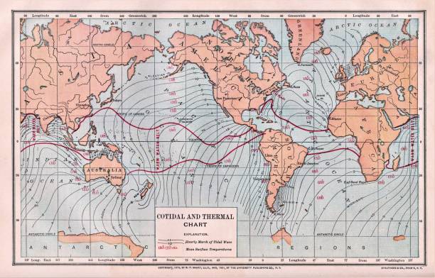 cotidal & thermal chart mapa świata 1894 - tide stock illustrations